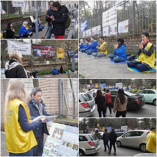 '图3：法轮功学员在使馆前的活动引起社会各界人士，包括中国大陆游客的关注'