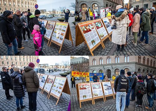 '在斯德哥尔摩最热闹的皇宫旁的钱币广场上，民众观看展板，了解法轮功真相。'