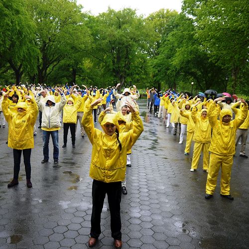 '图1～2：二零一七年五月十三日，法轮功学员在纽约中央公园集体炼功'