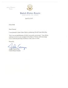 '图2：美国资深参议员John Cornyn发来的贺信'