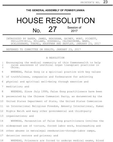 '图2：美国宾州众议院于2017年4月25日全票通过第27号议案，呼吁医学界与社会公众一起来谴责和制止在中国大陆发生的活体摘取器官这一罪行。'