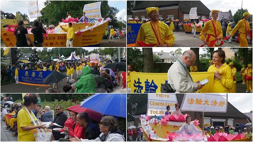 '图1～3：法轮功队伍在荷兰花车节日游行活动中与民众分享法轮大法好'