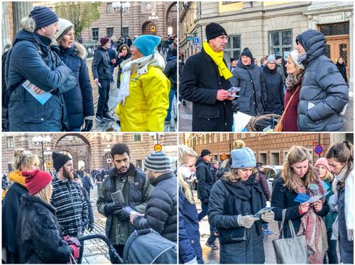 图3：当天中午，学员们又来到斯德哥尔摩市中心皇宫旁最热闹的钱币广场上，继续向当地民众讲述法轮功真相。