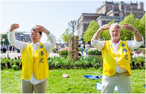 庆祝法轮大法日，法轮功学员在首都斯德哥尔摩樱花盛开的皇家花园里演示法轮功的五套功法，彼得和他的妻子布蕾特在炼功。