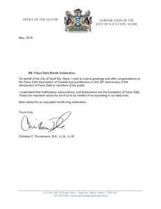 '图10：安河北部城市苏圣玛丽（Sault Ste. Marie）市长Christian Provenzano的贺信'