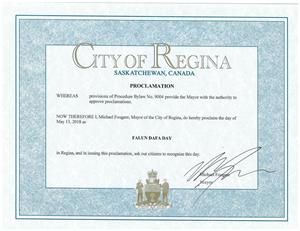 '图14：萨斯喀彻温省省会–里贾纳市（Regina）市长褒奖法轮大法'
