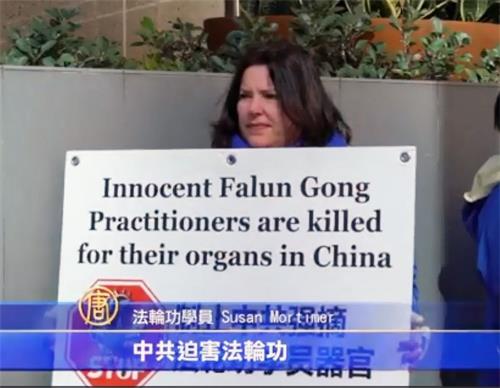'图3:手举反活摘展板的居住在珀斯以南四百五十公里奥尔巴尼(Albany)的法轮功学员莫蒂默(Susan Mortimer)女士为了参加当天的活动,她提前一天驱车五小时赶到珀斯。'