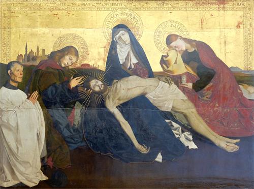 图例：《阿维尼翁的圣母怜子》（Pietà de Villeneuve-lès-Avignon），木板坦培拉，163 × 218 厘米，此画作者被学界鉴定为法国画家Enguerrand Quarton，作于1455-1460年间。画中最左侧人物为此画的捐赠出资人。