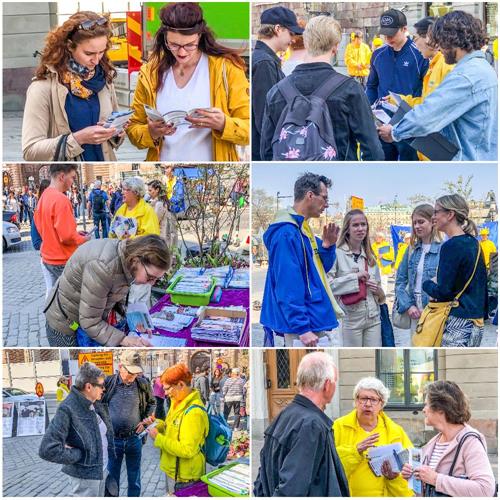 '图4：下午两点，法轮功学员们又来到斯德哥尔摩市中心皇宫旁最热闹的钱币广场上，继续向当地民众和过往路人讲述法轮功真相。'
