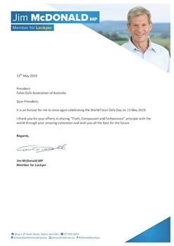 '图8：昆州Lockyer选区议员麦克唐纳（Jim McDonald）向法轮大法学会发来贺信。'