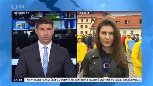 '图7：捷克电视台CT24对法轮功游行的盛况作了现场直播'