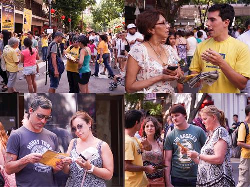 '图2～3：二零二零年一月二十六日是大年初二，阿根廷学员来到首都布宜诺斯艾利斯繁华的华人街，传播法轮功真相。'