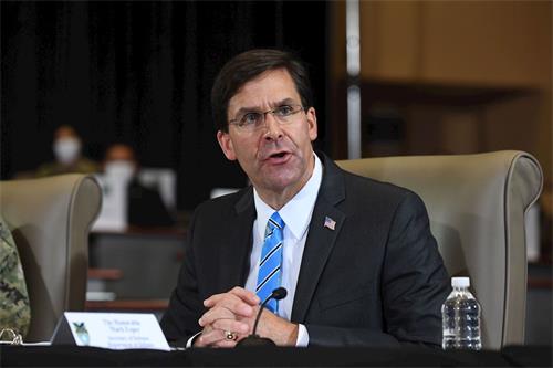 '图2：美国国防部长埃斯珀（Mark Esper）指出，解放军不是为中国服务，而是效命于中共。他敦促其它印太地区国家与美国一同对抗中共。'