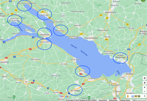 '图5：法轮功学员环绕博登湖九个景点讲真相（谷歌地图）'