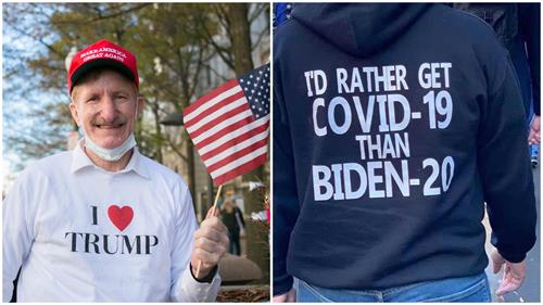 图7：上图左，这位男士手拿美国国旗，穿着印有“我爱川普”的上衣；图右这位男士的体恤衫背部则印着——“我宁要中共病毒，不要20拜登（I’sd rather get COVID-19 than Biden-20）”。