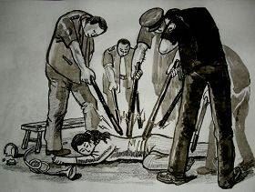 '拷問のイメージ図：電気棒で電気ショックを与える'