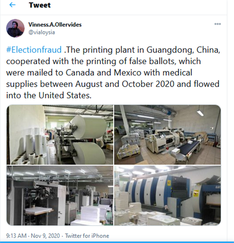 '图：伊启威在推特上公开的制造假选票中国工厂的照片。（网络截图）'