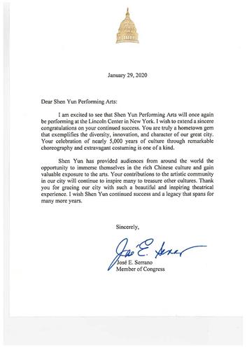 '图7：美国国会众议员塞拉诺（Jose E Serrano）的贺信。'