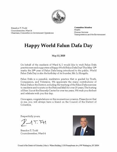 '图1：美国首都华盛顿议员、政府运作委员会主席布兰顿·托德（Brandon Todd）致信庆贺“世界法轮大法日”。'