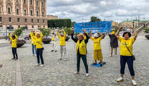 '图1：法轮功学员在斯德哥尔摩市中心国会大厦旁的钱币广场，举办讲<span class='voca' kid='62'>真相</span>活动，揭露中共对法轮功长达二十一年的残酷迫害。'