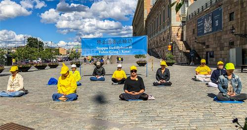 '图1：二零二零年七月七日星期二下午，斯德哥尔摩法轮功学员与往常一样，在钱币广场上举办讲<span class='voca' kid='62'>真相</span>活动。'