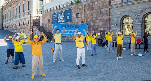 '图1：二零二零年八月八日，法轮功学员在斯德哥尔摩市中心国会大厦旁的钱币广场，举办讲<span class='voca' kid='62'>真相</span>活动。'