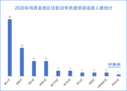 图2：2020年鸡西各地区法轮功学员遭绑架迫害人数统计