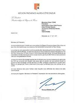 '图：二零二一年九月二十七日，法国普罗旺斯-阿尔卑斯-蓝色海岸大区议会主席雷诺・穆塞利耶（Renaud Muselier）先生致信法国法轮大法学会。'