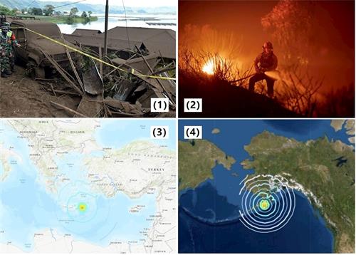 '图：（1）二零二一年十月十六日，印尼军事人员在巴厘岛邦利县的山体滑坡现场工作；（2）二零二一年十月十二日，在美国圣芭芭拉县戈利塔（Goleta）附近与阿利萨尔（Alisal fire）大火搏斗的消防员；（3）二零二一年十月十二日，希腊的克里特岛发生6.3级地震；（4）二零二一年十月十一日，美国阿拉斯加沿海一带发生6.9级地震。'