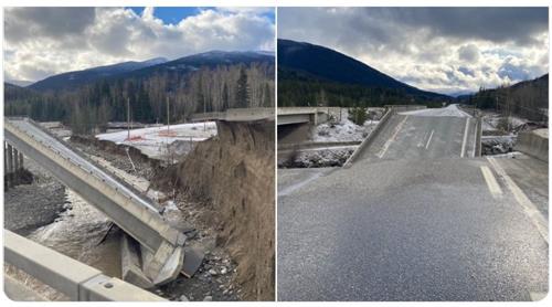 '图1：2021年11月18日，加拿大卑诗交通部门在社交媒体上发布的图片，显示泥石流冲毁了该省5号公路202号出口（Exit 202）附近的路段。'