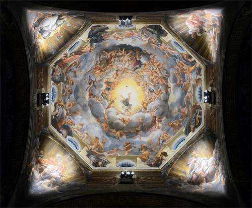 图例：意大利画家科雷吉欧（Antonio da Correggio）为帕尔马主教座堂（Duomo di Parma）创作的天顶画《圣母升天图》（Assunzione della Vergine），作于1526年～ 1530年。