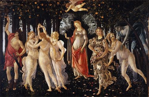 图例：意大利画家波提切利（Botticelli）的作品《春》（Primavera），203厘米 × 314厘米，木板坦培拉，约作于1478年～1482年间。作品描绘了神话时代里的几位神祇，画中几位女神身上透明的白色轻纱薄衣就是用透明和半透明色描绘在皮肤色层之上的。