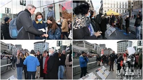 '图1～3：二零二一年十二月十日，在布鲁塞尔最繁华商业街，法轮功学员揭露中共活摘器官的罪恶，民众围观并了解反迫害真相。'