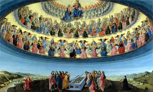 图例：佛罗伦萨画家波提契尼（Francesco Botticini）所绘的《圣母升天》（Assunzione della Vergine），木板坦培拉，228.6厘米×377.2厘米，作于1475年～1476年。