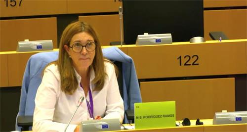 '图6：11月29日，西班牙政治家、欧洲议会人权小组委员会成员玛丽亚·索拉亚·罗德里格斯·拉莫斯（Maria Soraya Rodriguez Ramos）参加欧洲议会听证会。（听证会视频截图）'