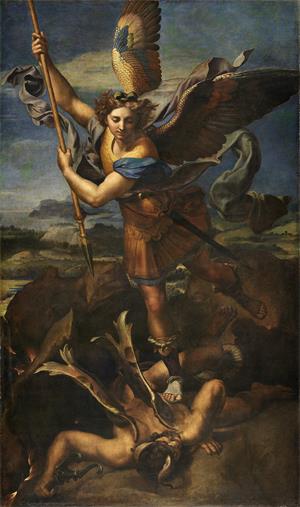 图例：拉斐尔（Raphael）的《圣米迦勒战胜撒旦》（Saint Michael Vanquishing Satan），268厘米 × 160厘米，原为木板油画，后经换背为布面油画，作于1518年，现存于巴黎卢浮宫。