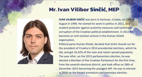 '图1：欧洲议会议员辛奇克（Ivan ViliborSinčić）在发言中表示，中共最严重的人权犯罪是活摘器官，而主要的受害者是法轮功学员。他建议世界各国对活摘器官采取强硬态度进行谴责和制裁。（视频截图）'