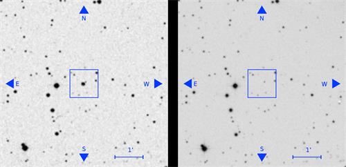 '旧拍摄档案（左）的恒星在新拍摄档案（右）中消失（Image credit：Villarroel et al. （2019））'