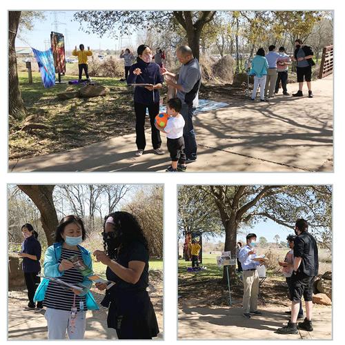 '图3：学员每周末下午在牡蛎溪公园入口处炼功和真相征签，吸引了市民的关注和支持'