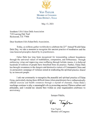 '图2：美国联邦众议员 范·泰勒（Van Taylor）的贺信'
