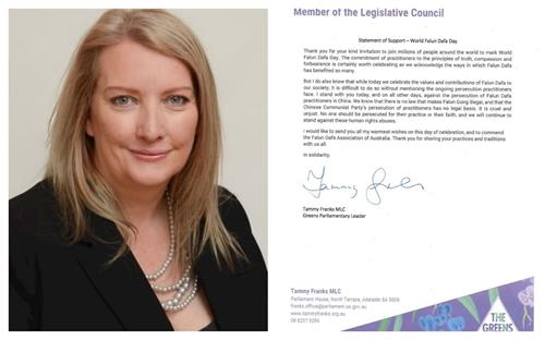 '图9：南澳州立法会议员、绿党议会领袖弗兰克斯（Tammy Franks MP）的贺信。'