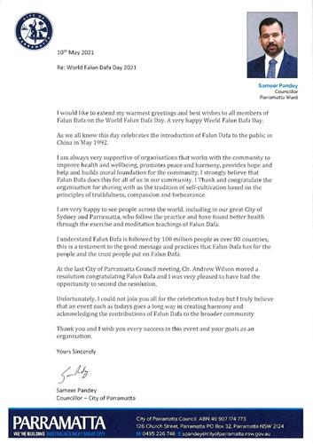 '图22：悉尼帕拉马塔市议员潘迪（Cr Sameer Pandey）先生的贺信。'