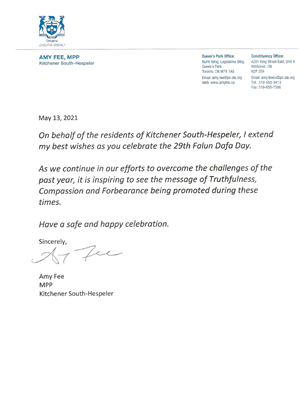 '图9：基奇纳·南·赫斯珀勒省议员艾米·费（Amy Fee）的贺信。'