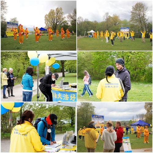 '图1：二零二一年五月十三日，法轮功学员在德国慕尼黑附近斯坦伯格湖畔（Starnberger See）举办欢庆世界法轮大法日暨恭祝师尊七十华诞的活动，吸引了不少民众的目光。'