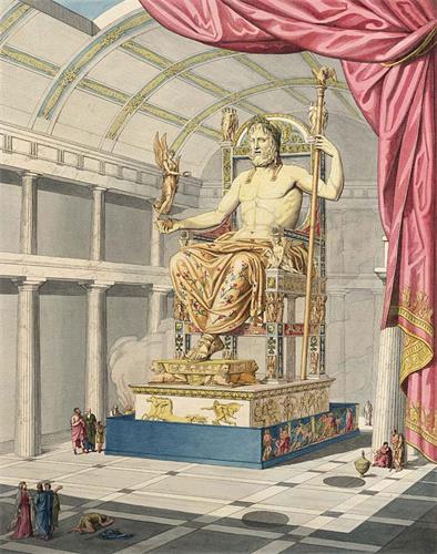 古代世界七大奇迹之一的奥林匹亚宙斯神像示意图，由法国考古学家、建筑学家兼艺术史家卡特勒梅尔·德·坎西（Quatremère de Quincy）绘于1815年。奥林匹亚宙斯神像是由古希腊雕塑家菲迪亚斯（Phidias）于公元前435年左右完成的作品，放置在希腊奥林匹亚城的宙斯神庙内。神像高约12米，相传由镀金的铜、宝石、象牙及黄金制成。据古籍描述，宙斯一手拿着权杖，一手托着胜利女神，威严地坐在宝座上。神像于公元五世纪的一场火灾后失踪，但由于这件作品在历史上举世瞩目的艺术成就，一直被评为古代世界七大奇迹之一。