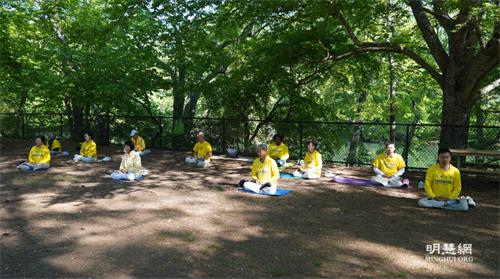 '图3：部份与会法轮功学员在琼斯桥公园树荫下打坐。'