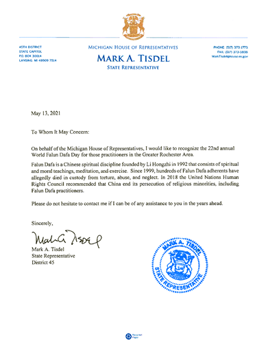 '图9：第四十五区州众议员马克·A·提斯德尔的贺信'