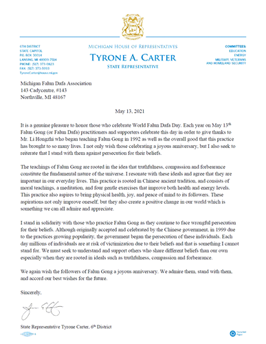 '图10：第六区的州众议员泰隆·卡特的贺信'
