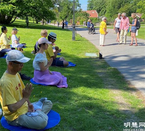 '图1～2：法轮功学员在在哥德堡的植物公园举行弘法活动'