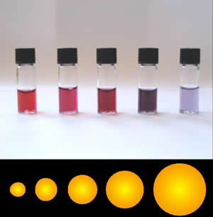 图例： 从红到紫的纳米黄金色彩实验。上部分五个瓶里装的都是黄金，只是每个瓶里黄金的微观颗粒大小被改变了；下部分为不同尺寸的纳米级黄金粒子示意图。在微观层面，不同大小的纳米金粒子造成了黄金呈现不同的颜色。